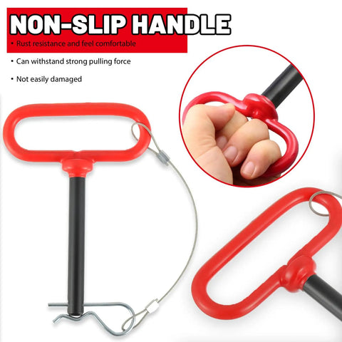 Half Inch By Four Inch Trailer Hitch Pin With Red Rubber Handle And Safety Clip Anti Loss Rope, non-slip grip shown