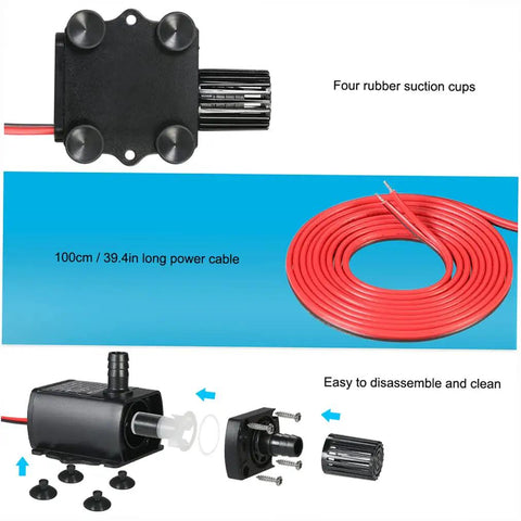Mini Submersible Aquarium Pump DC 12V 5W Quiet Water Circulation with 3m Head Waterproof Turtle Tank Pump showing components