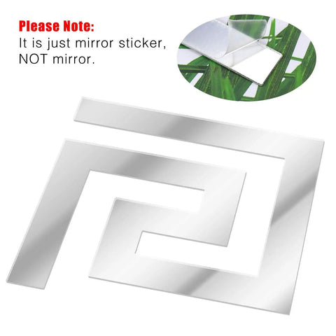DIY Mirror Stickers 60Pcs Removable Adhesive Wall Decals with Geometric Greek Key Pattern, close-up of reflective surface.