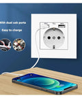 Premium White EU Wall Socket With Dual Fast Charge USB Connections Heavy Duty 16A Electrical Outlet mounted on wall with smartphone charging.