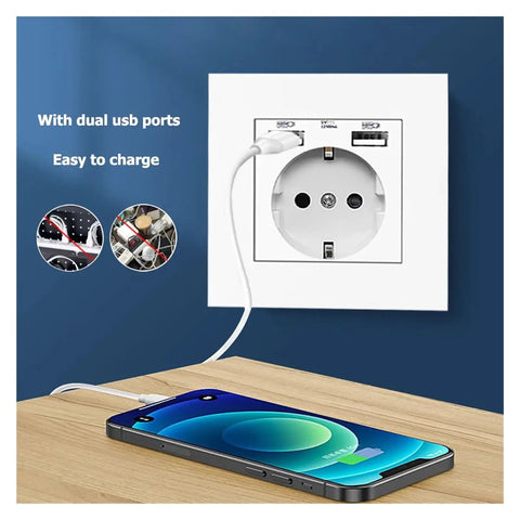 Premium White EU Wall Socket With Dual Fast Charge USB Connections Heavy Duty 16A Electrical Outlet mounted on wall with smartphone charging.