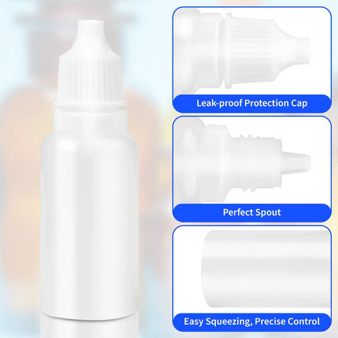 No Sweat Refills With This Five Piece Pack Featuring Four White 15ml Plastic Dropper Bottles Plus One Quick Pour Funnel Designed For Smooth Eye Drops And Portable Travel Ready Storage