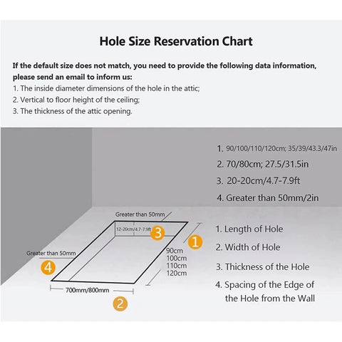 Hole Size Reservation Chart for Premium Top Shelf Electric Retractable Attic Ladder With Remote Control dimensions and sizing guidelines.