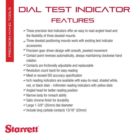 Dial Test Indicator With Dovetail Mounts And Case For Pro Grade Precision Black Face 0 To 0.010 Inch Range 0.0001 Inch Graduation Anti Backlash Gear features list with brand logo.