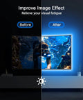 Comparison of TV with and without 9.8 Ft USB Powered RGB LED TV Backlight Strip For 32 To 60 Inch Televisions enhancing image clarity.