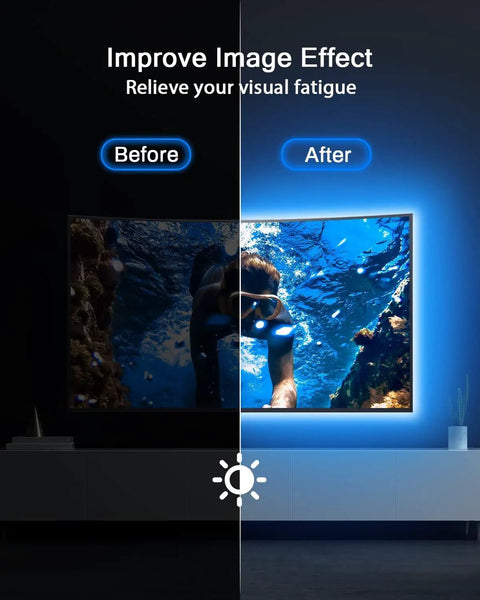 Comparison of TV with and without 9.8 Ft USB Powered RGB LED TV Backlight Strip For 32 To 60 Inch Televisions enhancing image clarity.