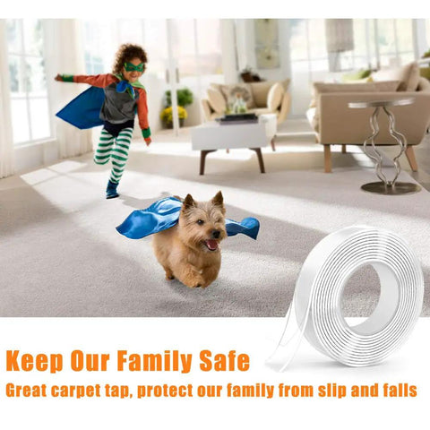 Child and dog playing on carpet with roll of Non Slip Furniture Pads For Hardwood Floors Or Rugs, Heavy Duty Grip Leg Protectors.