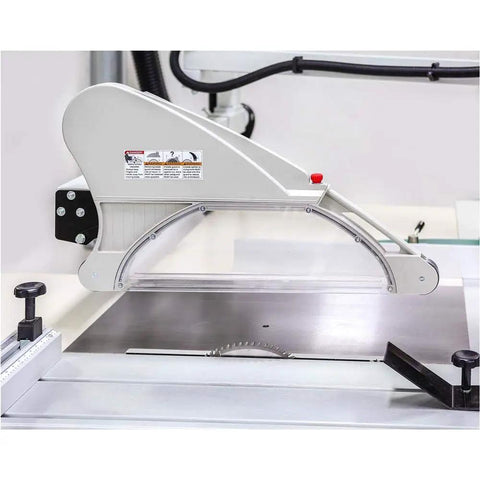 14 Inch 10 HP Three Phase Sliding Table Saw With DRO CNC Fence, close-up of blade guard and sliding fence.