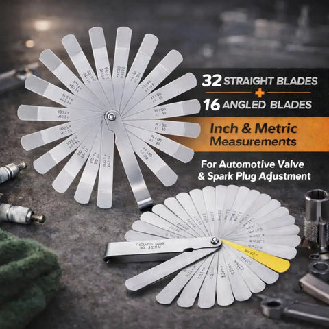 Pro Grade Stainless Steel Feeler Gauge Set With 32 Straight And 16 Angled Blades Dual Marked SAE And Metric