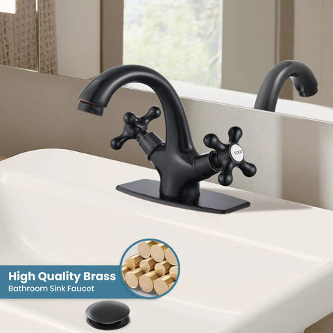 Old School Oil Rubbed Bronze Bathroom Sink Faucet With Single Hole, Double Cross Handles, Vessel Lavatory Mixer Tap on white sink