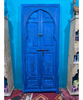 Blue Finish Hand Carved Barn Door With Custom Size Options, Double Or Single Panel, Sliding Or Hinged, Suitable For Interior Or Exterior Use
