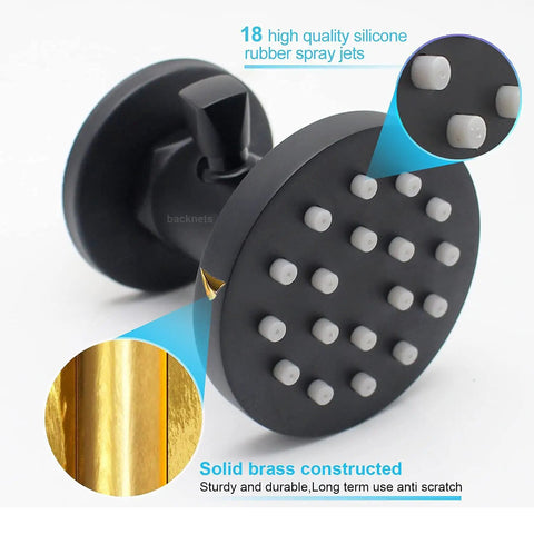 2 Inch Brass Shower Body Spray Jets With Independent On Off Switch And 360 Degree Rotation Matte Black Wall Mount Massage Spa Jet Dual Function Flow Control And Adjustable Spray Face For Targeted Hydromassage, matte black shower jet with silicone nozzles and brass construction.