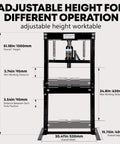 12 Ton Hydraulic H Frame Shop Press With Rugged Steel Assembly And Smooth Action Adjustable Table dimensions diagram and height adjustment details.