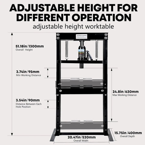 12 Ton Hydraulic H Frame Shop Press With Rugged Steel Assembly And Smooth Action Adjustable Table dimensions diagram and height adjustment details.