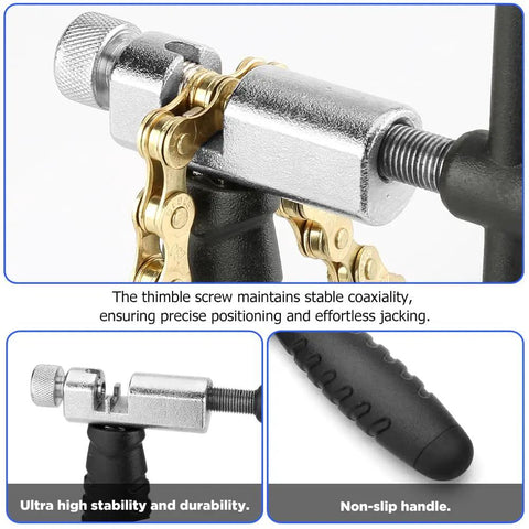 Pro Level Bicycle Chain Repair Kit With Chain Breaker Link Plier Wear Indicator And Missing Links tool close-up with non-slip handle