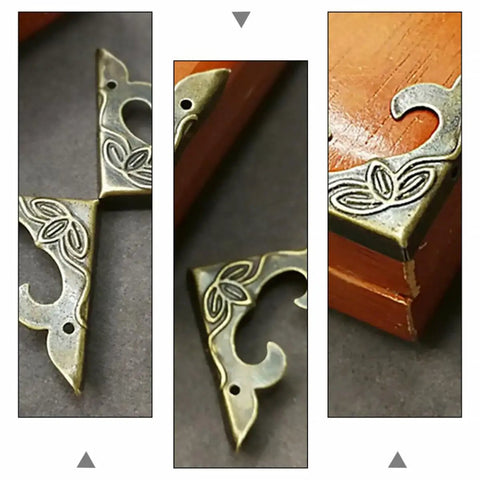Triangular Carved Box Corner Protectors Set, Metal Safety Guards For Wooden Jewelry Boxes detail with old school retro design
