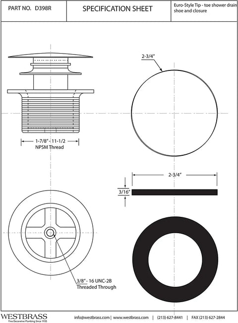 Specification sheet for Swanky Satin Nickel Mushroom Tip Toe Bathtub Drain Stopper 1 1/2 Inch NPSM Coarse Thread.