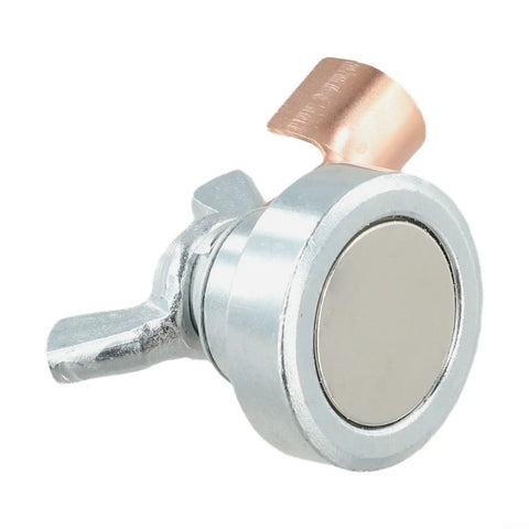 Super Cool Magnetic Welding Ground Clamp With Heavy Duty Iron Base And Secure Grip For Welding Tables Rails And Metal Poles To Make Your Job Easier, close-up view of clamp with strong magnet.
