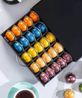 Top view of Modern Black Metal Vertuo Pod Storage Drawer for Coffee Machines, holding 50 colorful coffee pods in an organized manner.