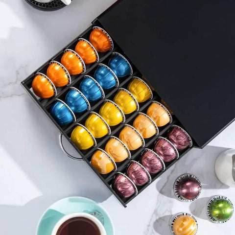 Top view of Modern Black Metal Vertuo Pod Storage Drawer for Coffee Machines, holding 50 colorful coffee pods in an organized manner.