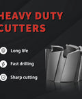 Heavy Duty Cutters for Spot Weld Cutter Kit For Auto Body Repair And Metal Fabrication, highlighted features: long life, fast drilling, sharp cutting.