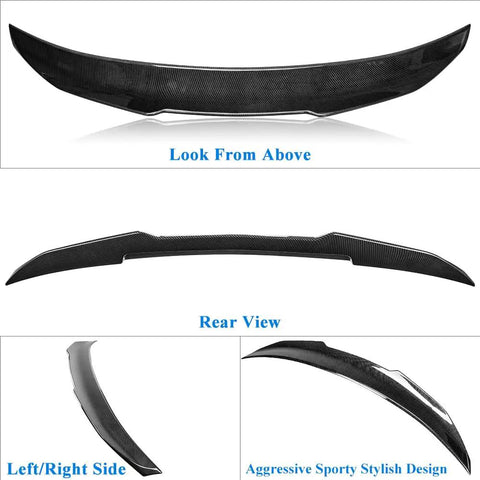 Totally Rad Carbon Fiber Look Rear Trunk Spoiler Wing For 2014 To 2020 BMW 4 Series F36 Gran Coupe DN Style shown from top, rear, and sides.