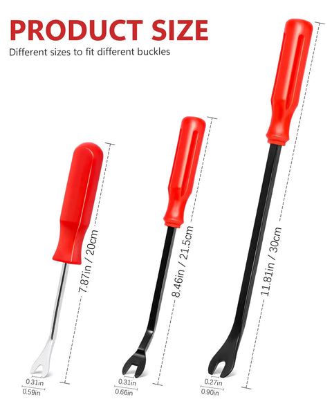 3-Piece Auto Fastener Remover Tool Kit for Car Door Panels and Dashboards, three sizes, red handles, side view
