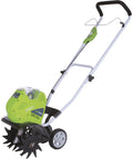 40V Cordless 10 Inch Tiller Cultivator With 4Ah Battery And Charger Included for breaking up hard compact soil, side view