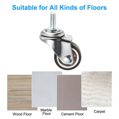 1 Inch Mini Swivel Caster Wheels 4 Pack Threaded Stem Casters M6x15mm Bolt Base on various floor types including wood, marble, and carpet.