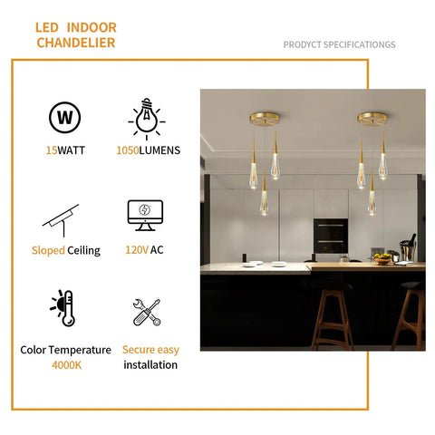 Gold Brushed Brass 3 Light Teardrop Crystal Pendant Ceiling Light For Kitchen Island Bedroom Hallway And Entryway Dimmable LED Modern Pendant Fixture That Pops shown installed over kitchen island