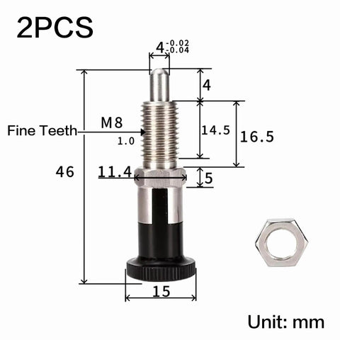 Top Shelf M8 Self Locking Indexing Pin With Spring Loaded Latch Bolt, 46mm size with M8 thread, stainless steel and aluminum, 2 pack.