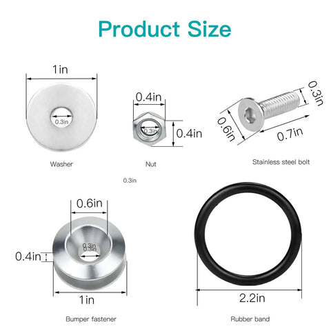 Product size diagram for Go To Bumper Quick Release Kit For Front And Rear Bumpers Aluminum Fasteners With O Ring Clips Universal Car