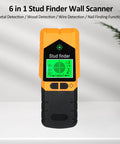 Stud Finder Wall Scanner 6 In Stud Detector With LCD display, orange and black design, for detecting wood and metal in walls.