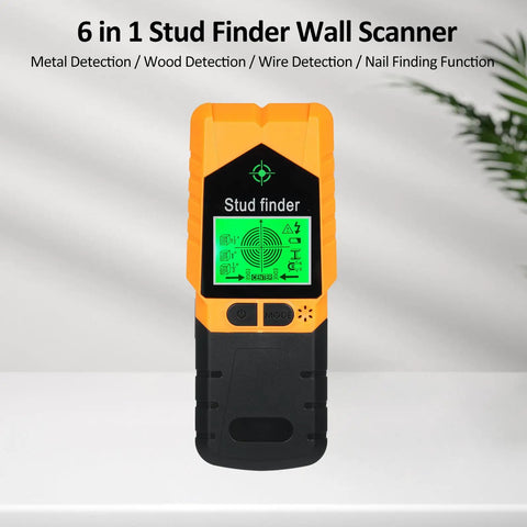 Stud Finder Wall Scanner 6 In Stud Detector With LCD display, orange and black design, for detecting wood and metal in walls.