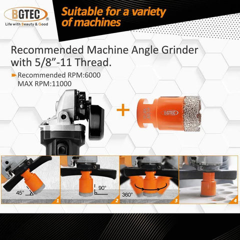 BGTEC 6-piece dry diamond core drill bits set for porcelain tile, ceramic, marble, brick; sizes 20–100 mm
