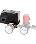 Heavy Duty Air Compressor Pressure Switch 135 175 Psi Four Port 26 Amp With Unloader Valve Six Point Three Millimeter Connection And One Quarter Inch NPT Female Ports Pro Grade Relief Valve For Overload Protection, front view