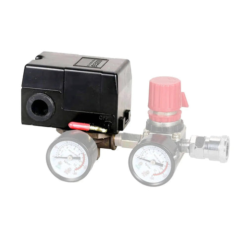 Heavy Duty Air Compressor Pressure Switch 135 175 Psi Four Port 26 Amp With Unloader Valve Six Point Three Millimeter Connection And One Quarter Inch NPT Female Ports Pro Grade Relief Valve For Overload Protection, front view