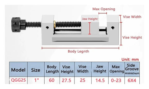 Steel Vise For Milling Machines QGG25 1 Inch Clamp, 25mm Jaw, High Precision 0.005mm Tolerance, Heavy Duty Milling Vise With Rock Solid Hold, Ideal For Inspection, Grinding, And Precise Part Clamping. Side view with dimensions chart in mm