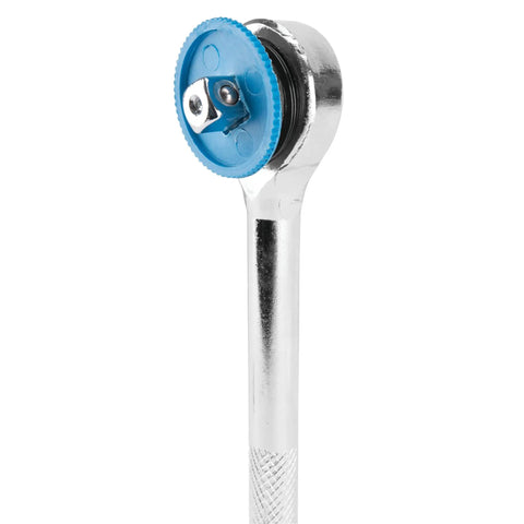 Close-up of chrome plated ratchet handle from 85 Piece SAE And Metric Socket Set With One Quarter Inch, Three Eighths Inch And One Half Inch Drives