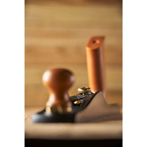 Close-up of Low Angle Jack Plane, Sweetheart No 64 Style, showing wooden handles and robust ductile iron casting.