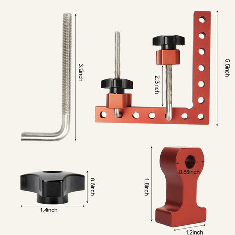 90 Degree Clamp Set For Cabinets And Woodworking, 5.5 X 5.5 Inch Aluminum Right Angle Corner Clamps with dimensions labeled
