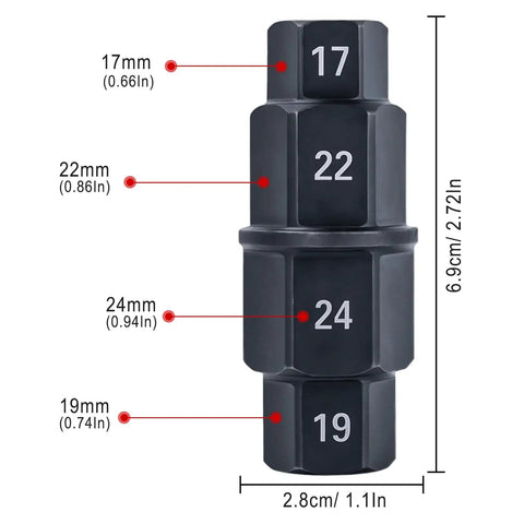 All In One 4 In 1 Motorcycle Front Wheel Hex Axle Tool 17mm 19mm 22mm 24mm, black carbon steel, side view.