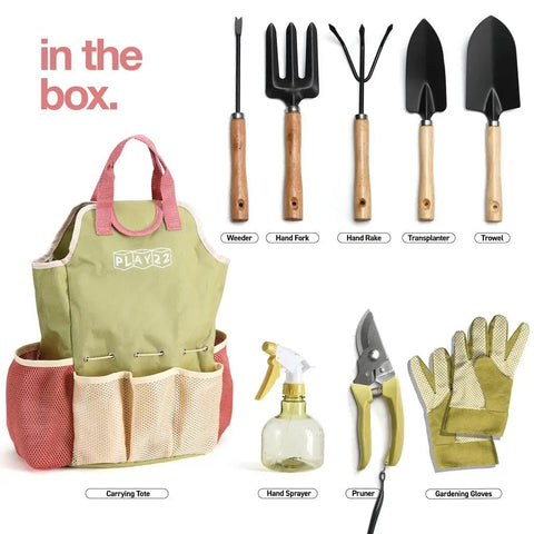 10 Piece Garden Tools Set With Heavy Duty Hand Tools And Fashion Tote Bag For Women Ergonomic Handles Includes Weeder Transplanter Trowel Pruner Rake Fork Gloves And Spray Bottle Durable Garden Kit Gift For Her, displayed with tote bag, tools, gloves, and spray bottle.