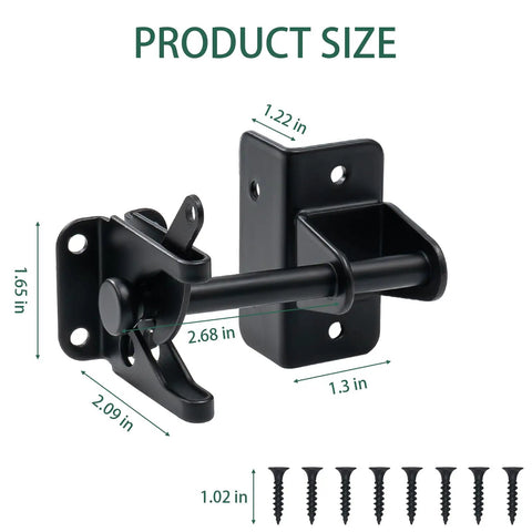 Heavy Duty Gate Hardware Kit With 8 Inch T Strap Hinges And Gravity Gate Latch Plus Self Closing Spring showing size dimensions and screws.