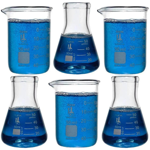 Lab Style Shot Glass Set With Six Pieces Including Three Beakers And Three Erlenmeyer Flasks, 50ml Each, filled with blue liquid.