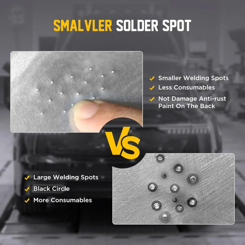Comparison of small vs large welding spots using Dent Puller Welder Kit For Auto Body Repair 3000W Spot Welder With 6 Modes And 3800A Stud Welder 110V Car Truck Motorcycle Dent Removal Machine Heavy Duty Tool For DIY Pros in a repair setting.