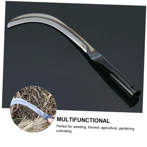 Two Piece Reaping Hook Set For Gardening And Harvesting, Rustproof Steel Multi Function Tool shown on black background and in use.