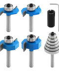 Pack Of 7 Top Notch Carbide Router Bits Set With Ball Bearings for precise chamfering, showing 5 bits and wrench adapter.
