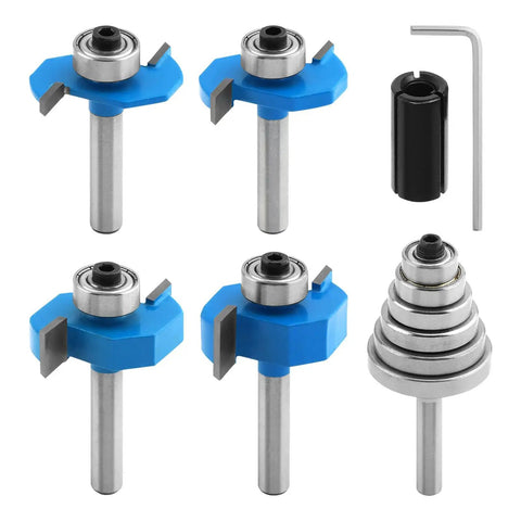 Pack Of 7 Top Notch Carbide Router Bits Set With Ball Bearings for precise chamfering, showing 5 bits and wrench adapter.