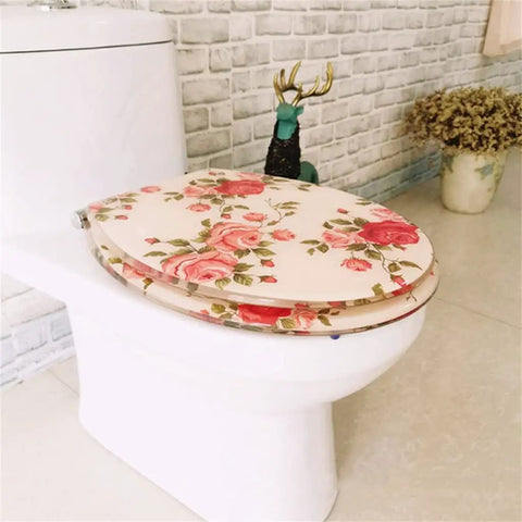 Stylish Floral Design Resin Soft Close Toilet Seat Featuring Smooth Damping Hinges And No Sweat Quick Mount Universal Fit For Most Standard Oval Restrooms Up To 48 Cm Long Total Room Makeover on white toilet.